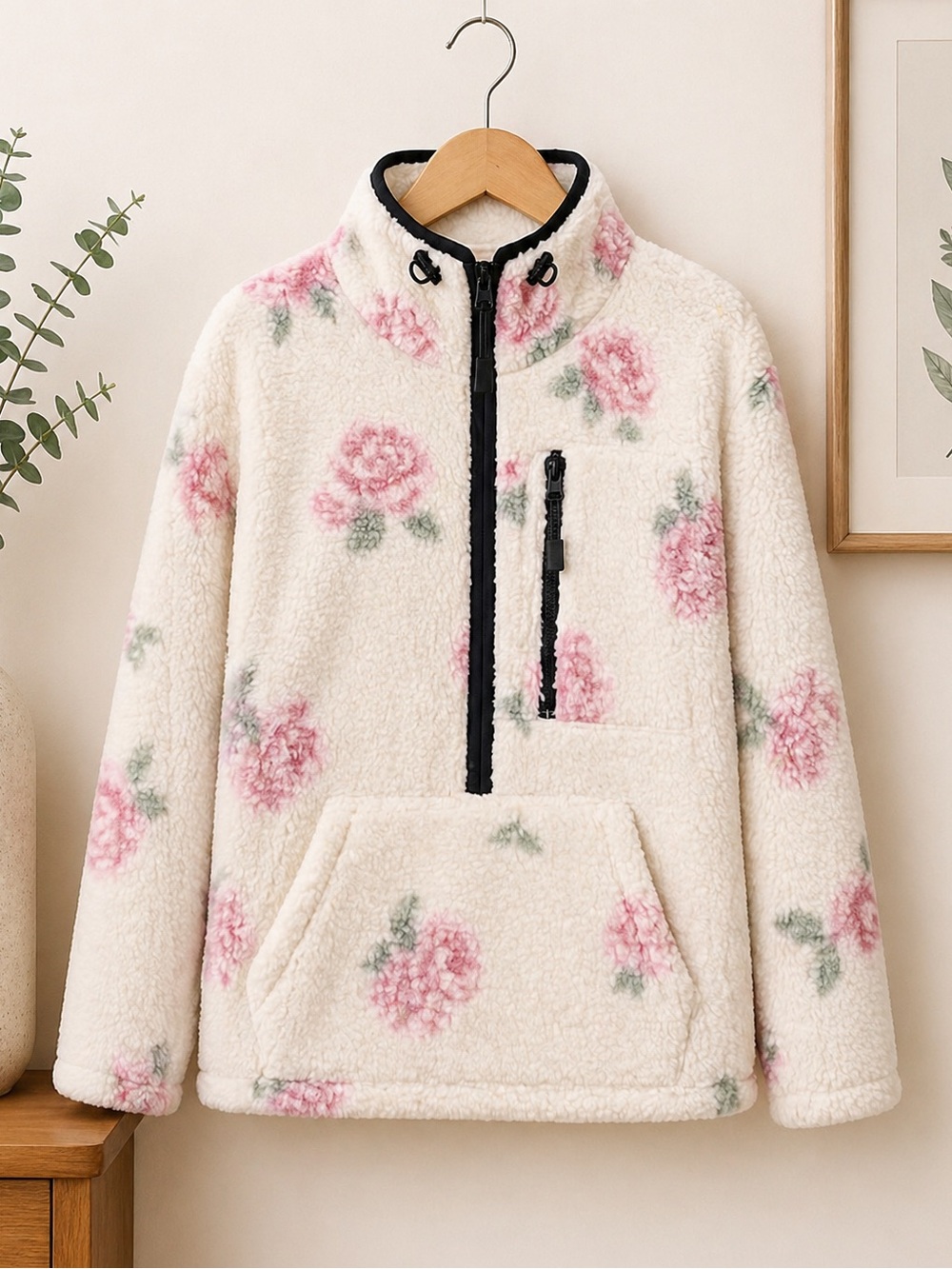PINK Victoria's Secret Sherpa Fleece Floral  Quarter Zip Pullover Women's Large